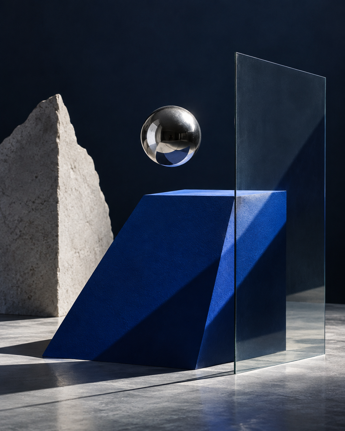 Composición geométrica azul y plateada, representación de dirección creativa